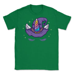 Unicorn Face with Long Lashes Witch Hat Characters Unisex T-Shirt - Green