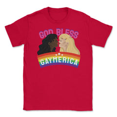 God Bless Gaymerica Rainbow Pride Flag Lesbians graphic Unisex T-Shirt - Red