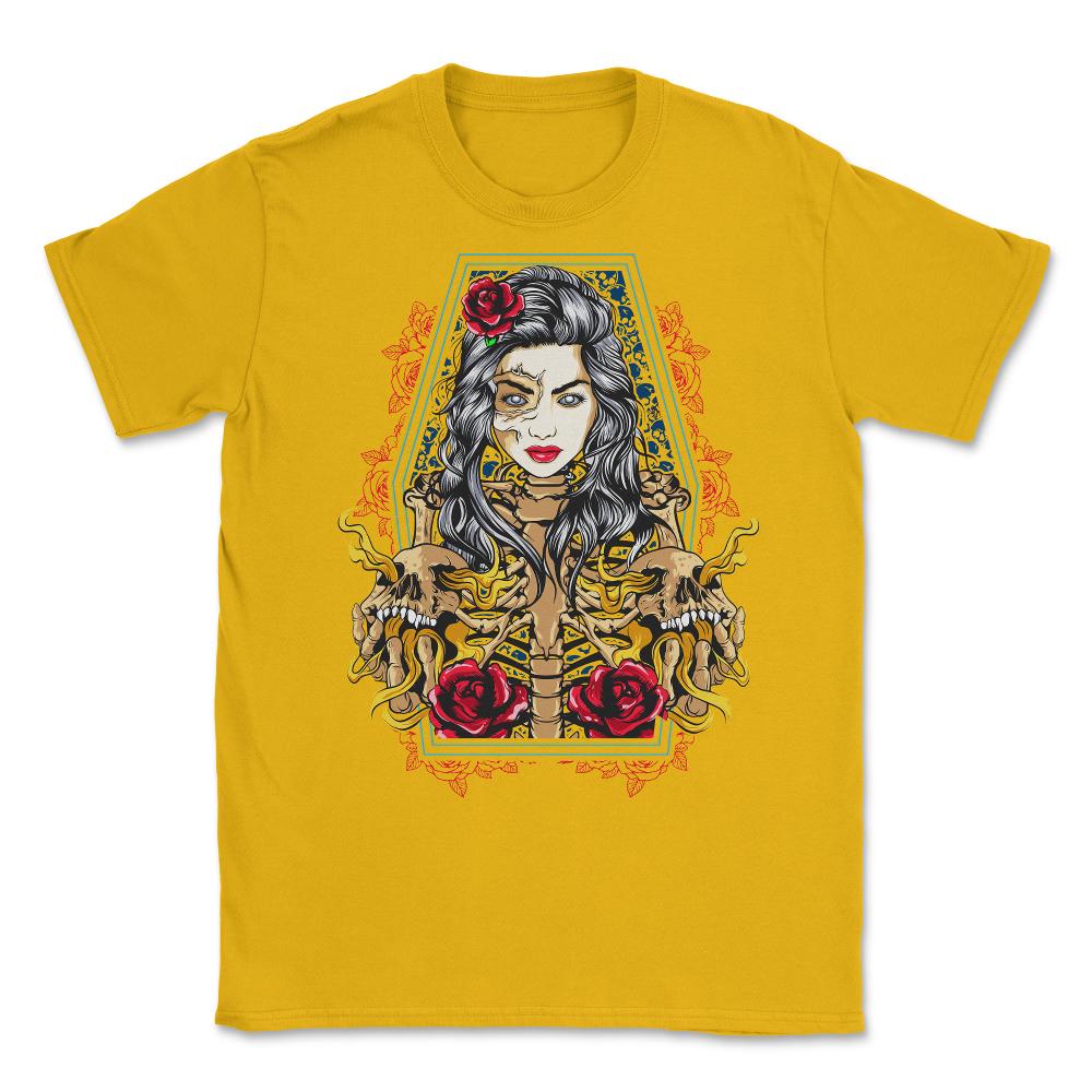 Skeleton Lady Death Halloween or Day of the Dead Unisex T-Shirt - Gold
