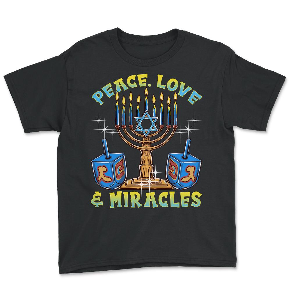 Peace, Love & Miracles Jewish Menorah & Dreidel product Youth Tee - Black