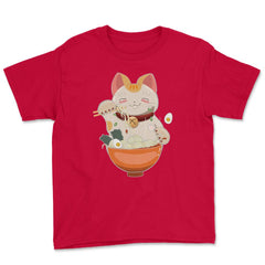 Cat eating Ramen Cute Kitten Eating Noodles Gift graphic Youth Tee - Red