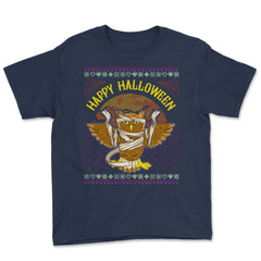 Happy Halloween Mummy Owl Funny Ugly Sweater Youth Tee - Navy