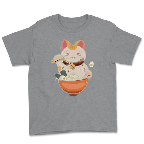 Cat eating Ramen Cute Kitten Eating Noodles Gift graphic Youth Tee - Grey Heather
