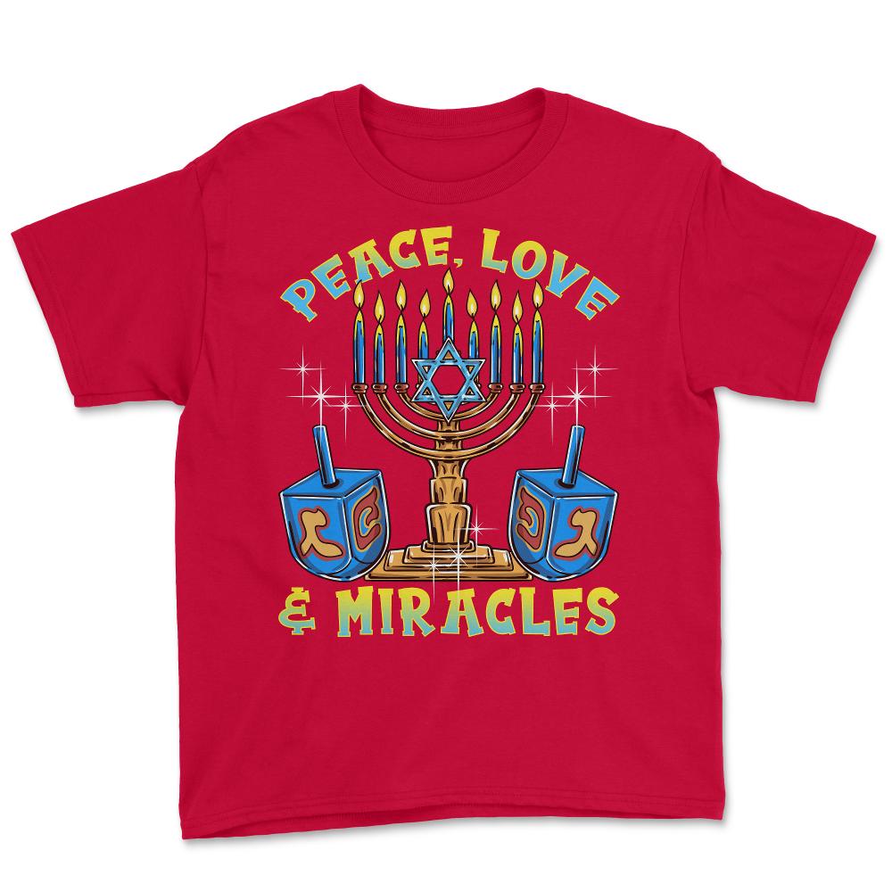 Peace, Love & Miracles Jewish Menorah & Dreidel product Youth Tee - Red