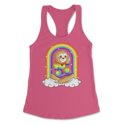 Gay Pride Rainbow Sloth Sitting on Clouds Pride Funny Gift design - Hot Pink