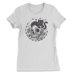 Mysterious Black Cat On A Skull Witchy Aesthetic Grunge print - Women's Tee - White