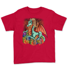 Knitting Dragon with Yarn Balls Fantasy Art graphic Youth Tee - Red