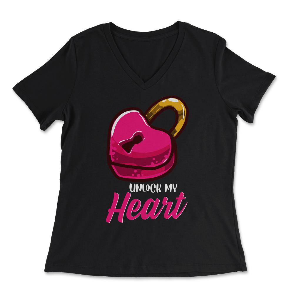 Unlock my Heart Padlock Funny Humor Valentine Couple gift graphic - Women's V-Neck Tee - Black