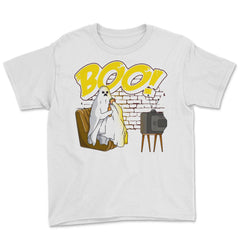 Boo! Ghost Watching TV, Drinking & Eating a Hamburger Funny graphic - White