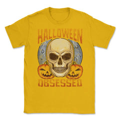 Halloween Obsessed Creepy Skull & Jack o lanterns Unisex T-Shirt - Gold