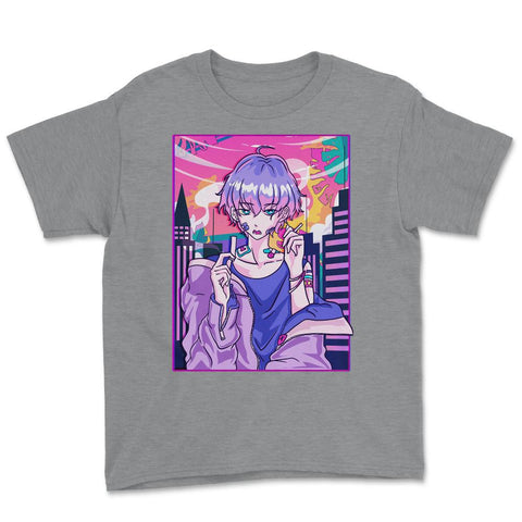 Bad Anime Boy Smoking Vaporwave Punk Streetwear print Youth Tee - Grey Heather