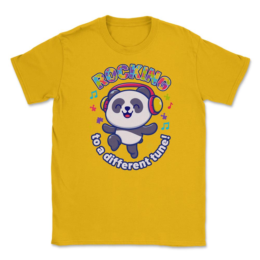 Rocking to a Different Tune Autism Awareness Panda graphic Unisex - Gold