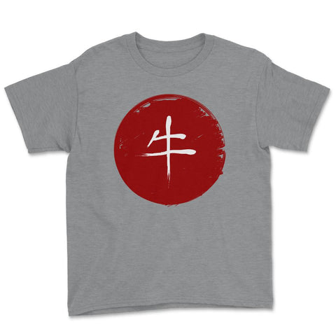 Ox Chinese symbol in Red Circle Design Gift graphic Youth Tee - Grey Heather