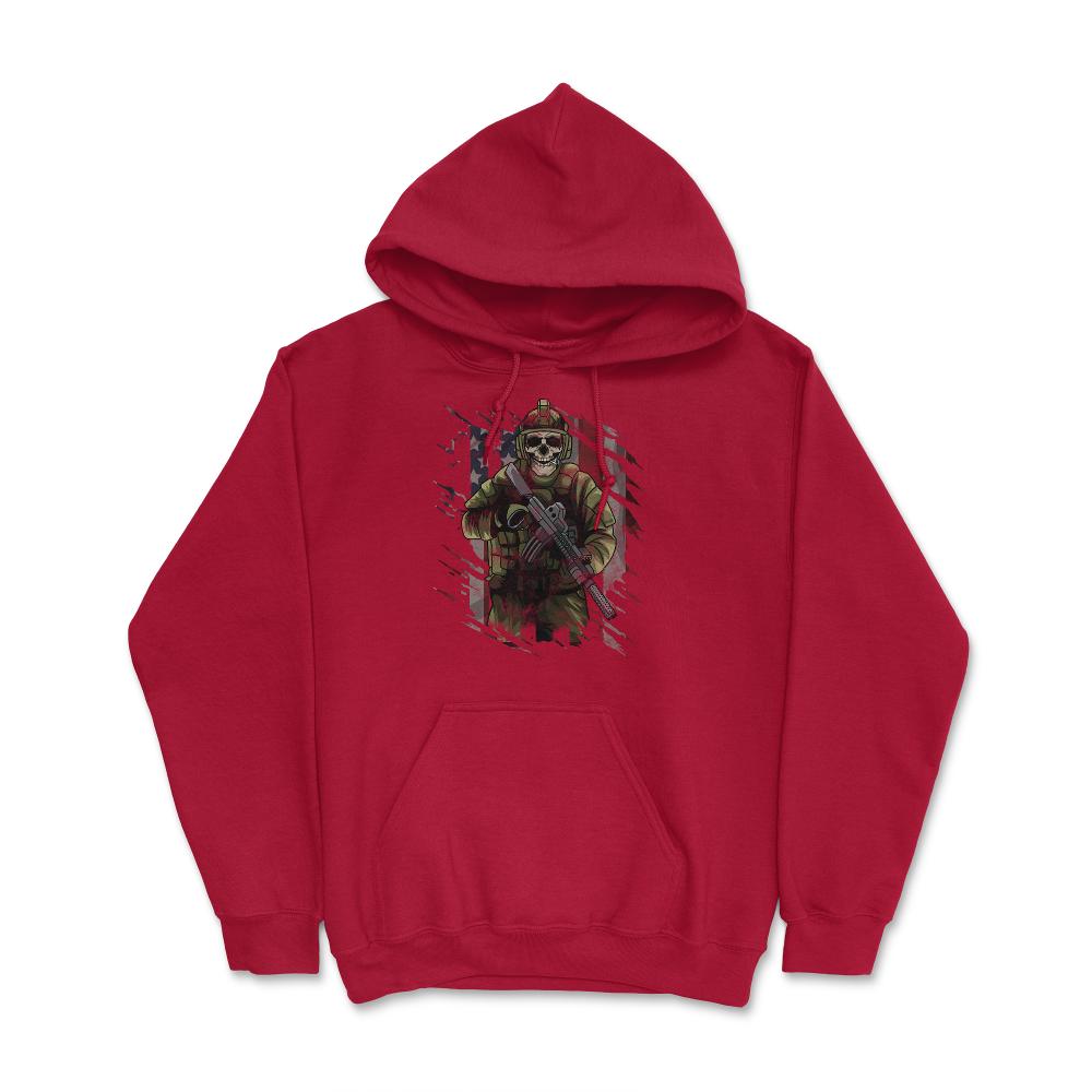 Skeleton Soldier with Rifle & in Front of a US Flag print Hoodie - Red