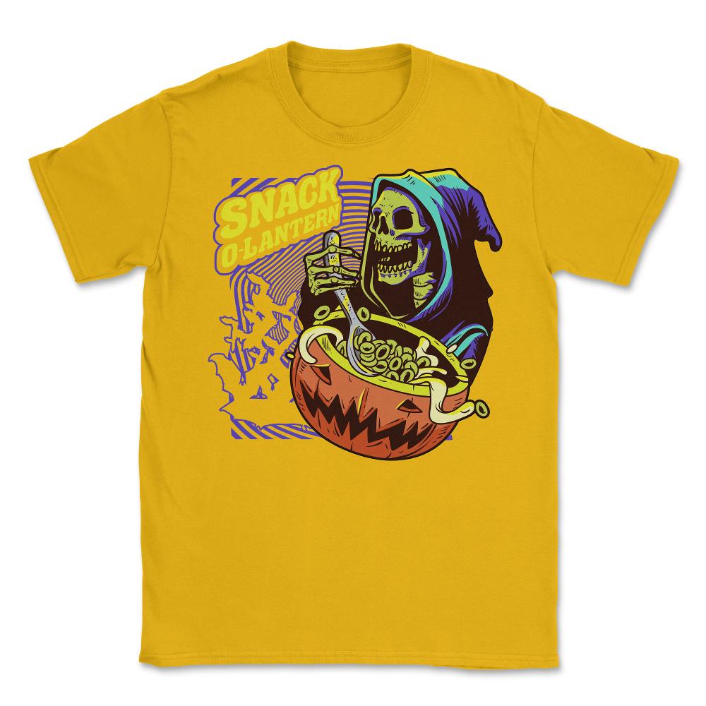 Snack O-Lantern Halloween Death Skeleton Eating Unisex T-Shirt - Gold
