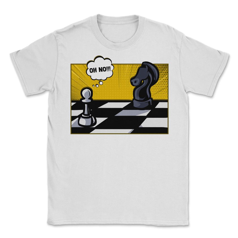 Funny Scared White Pawn Looking at Knight On Chessboard product - White