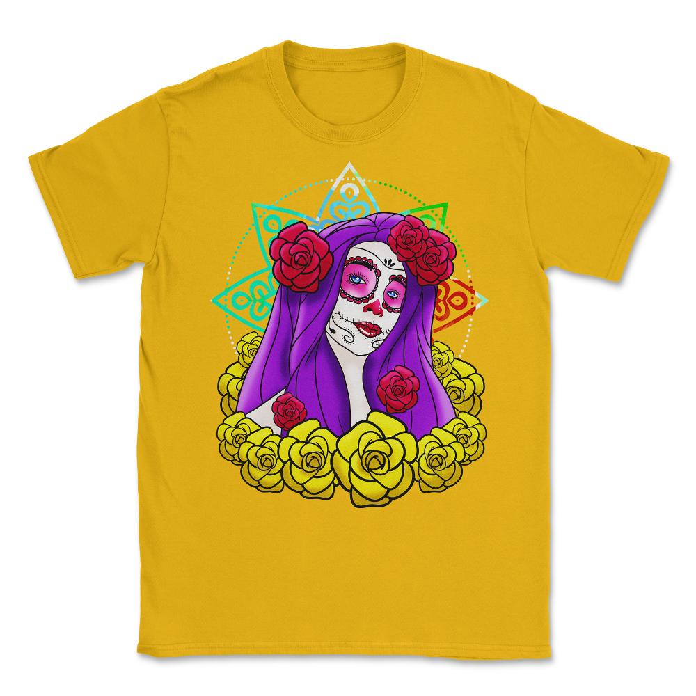 Sugar Skull Sexy Lady Day of the Dead Halloween Unisex T-Shirt - Gold