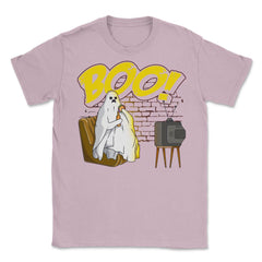 Boo! Ghost Watching TV, Drinking & Eating a Hamburger Funny graphic - Light Pink