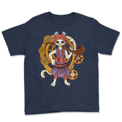 Steampunk Anime Cat Victorian Futurism for Women & Men print Youth Tee - Navy