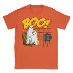 Boo! Ghost Watching TV, Drinking & Eating a Hamburger Funny graphic - Orange