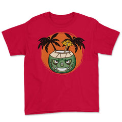 Hawaiian Halloween Coconut Face Jack O Lantern Scary print Youth Tee - Red
