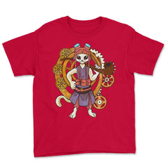 Steampunk Anime Cat Victorian Futurism for Women & Men print Youth Tee - Red