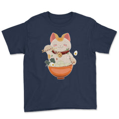 Cat eating Ramen Cute Kitten Eating Noodles Gift graphic Youth Tee - Navy