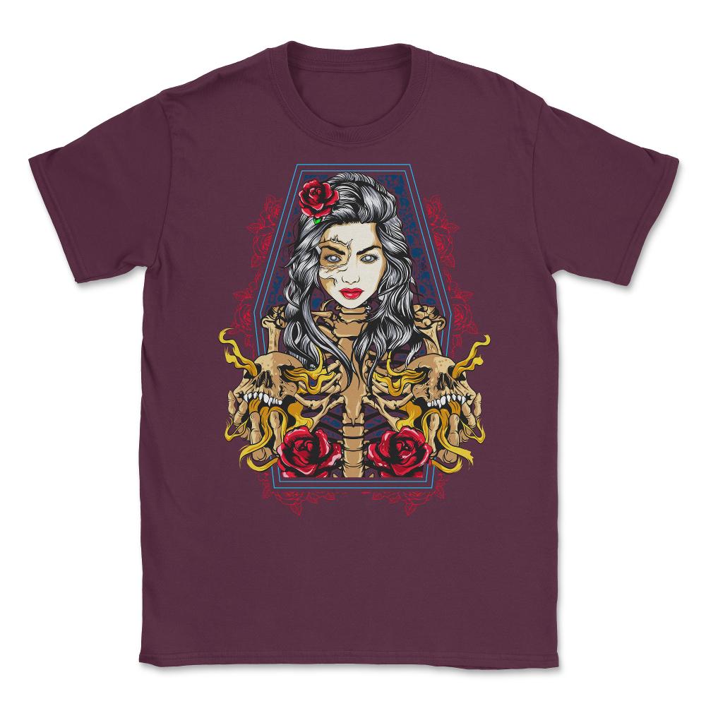 Skeleton Lady Death Halloween or Day of the Dead Unisex T-Shirt - Maroon