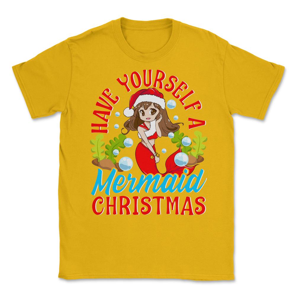 Christmas Mermaid Anime Girl Unisex T-Shirt - Gold