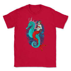 Day of Dead Mermaid on Seahorse Halloween Sugar Skull  Unisex T-Shirt - Red
