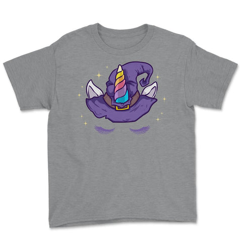 Unicorn Face with Long Lashes Witch Hat Characters Youth Tee - Grey Heather