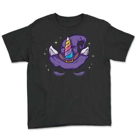 Unicorn Face with Long Lashes Witch Hat Characters Youth Tee - Black
