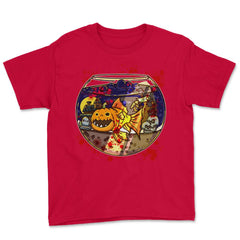 Pumpkin Face Piranha Goldfish Character In A Fishbowl print Youth Tee - Red
