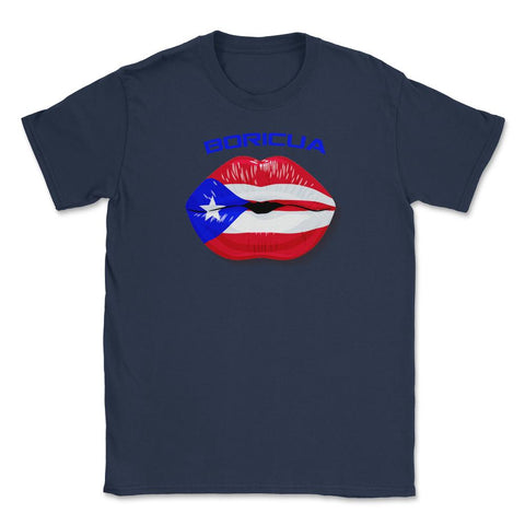 Boricua Kiss Puerto Rico Flag Lips Design graphic Unisex T-Shirt - Navy