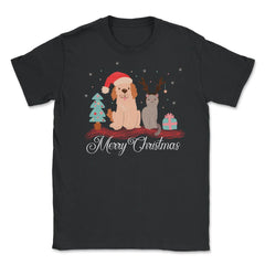 Merry Christmas Dog & Cat Funny T-Shirt Tee Gift Unisex T-Shirt - Black