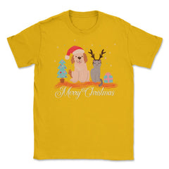 Merry Christmas Dog & Cat Funny T-Shirt Tee Gift Unisex T-Shirt - Gold