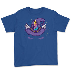 Unicorn Face with Long Lashes Witch Hat Characters Youth Tee - Royal Blue