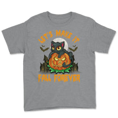Funny & Cute Cat with Jack o Lantern Halloween Youth Tee - Grey Heather