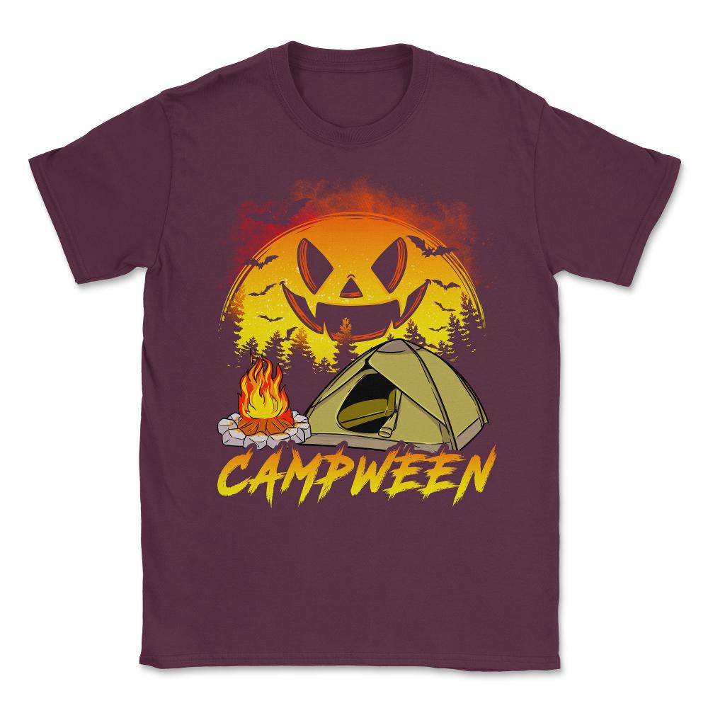 Halloween + Camping = Campween Funny Jack O-Lanter Unisex T-Shirt - Maroon