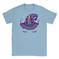 Unicorn Face with Long Lashes Witch Hat Characters Unisex T-Shirt - Light Blue