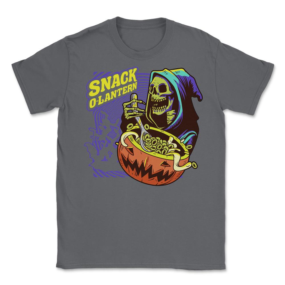 Snack O-Lantern Halloween Death Skeleton Eating Unisex T-Shirt - Smoke Grey