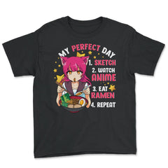 My Perfect Day Sketch Watch Anime Eat Ramen Repeat design - Youth Tee - Black
