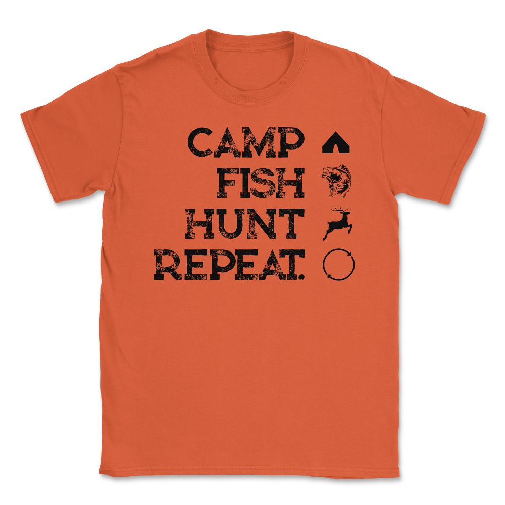 Funny Camp Fish Hunt Repeat Camping Fishing Hunting Gag graphic - Orange