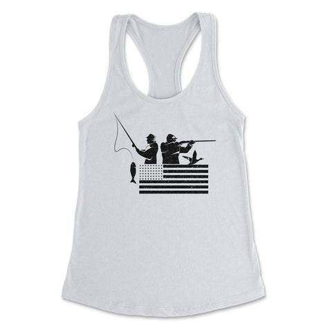 Fishing And Hunting USA Flag Patriotic Fisherman Hunter design - White