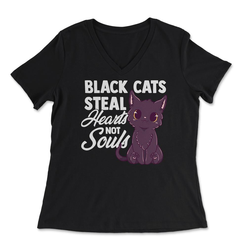 Black Cats Steal Hearts Not Souls Kawaii Black Kitten design - Women's V-Neck Tee - Black
