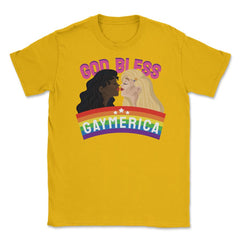 God Bless Gaymerica Rainbow Pride Flag Lesbians graphic Unisex T-Shirt - Gold