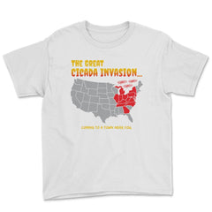 Cicada Invasion Coming to These States in US Map Funny print Youth Tee - White
