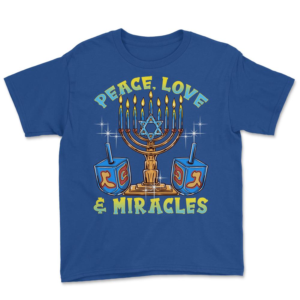 Peace, Love & Miracles Jewish Menorah & Dreidel product Youth Tee - Royal Blue