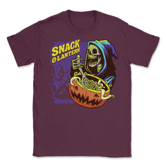 Snack O-Lantern Halloween Death Skeleton Eating Unisex T-Shirt - Maroon