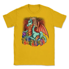 Knitting Dragon with Yarn Balls Fantasy Art graphic Unisex T-Shirt - Gold